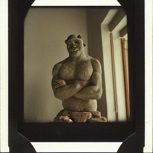 Prompt: Polaroid photo of fragmented greek sculpture of Shrek