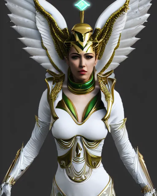 Image similar to attractive egyptian queen wearing white dove wings, warframe armor, regal, attractive, ornate, sultry, elize theron, pretty face, green eyes, scifi platform, 4 k, ultra realistic, epic lighting, illuminated, cinematic, black gold, art by akihito tsukushi, voidstar