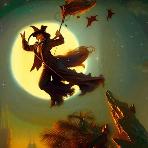 Image similar to attractive male witch magically flying trough the night, fantasy, full moon in background. highly detailed painting by gaston bussiere, craig mullins, j. c. leyendecker 8 k