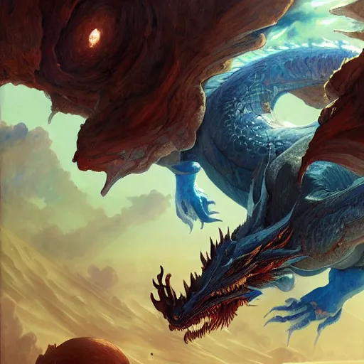 Prompt: Gigantic blue scaled humanoid dragon devouring an earth like planet while flying in space, sun system, behemoth, nebula, oil painting, by Fernanda Suarez and Edgar Maxence and Greg Rutkowski