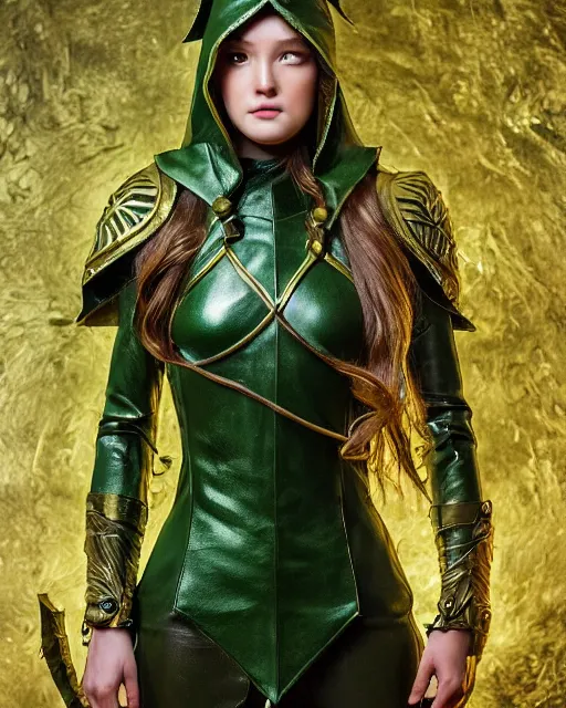 Image similar to a beautiful photo of a young woman, green elf ranger with long flowing hair and a green leather hood, elf ranger leather armor with olive green and brown colors and gold lining, young female face, cinematic top lighting, insanely detailed and intricate, face by wlop, Charlie Bowater, designs by zhelong xu and gustave doré, golden ratio, symmetric, elegant, ornate, luxury, elite, matte painting, cinematic, trending on artstation, deviantart and cgsociety, 8k, high resolution