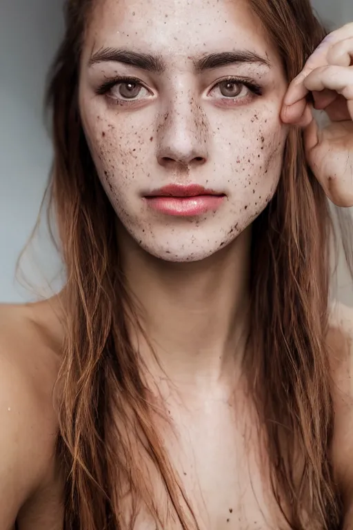 Prompt: 2 4 year old professional female wearing white v - neck top, portrait, neck zoomed in, photo realistic, extreme detail, skin blemishes, freckles, slr, golden hour, 4 k, high definition, selfie