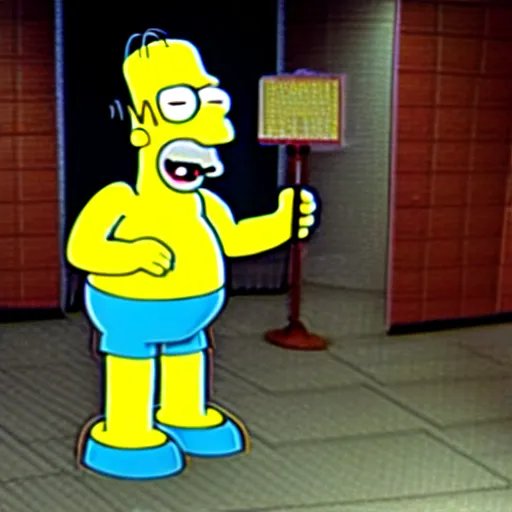 Image similar to homer simpson as an animatronic left in an abandoned warehouse