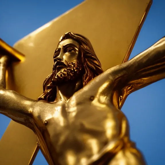 Image similar to gold statue of jesus on the cross, shiny, splash art, movie still, cinematic lighting, dramatic, octane render, long lens, shallow depth of field, bokeh, anamorphic lens flare, 8k, hyper detailed, 35mm film grain