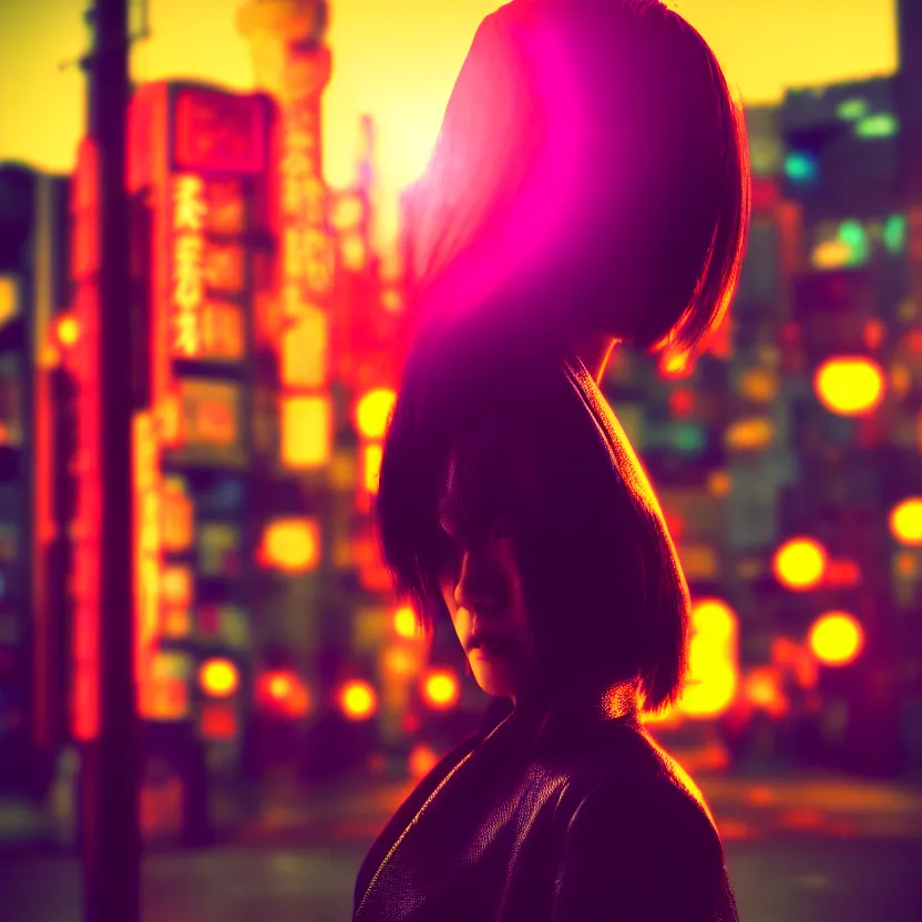 Image similar to a photo close up cyberpunk mysterious woman stands in a cyberpunk hiroshima, prefecture streets, sunset, photorealistic, cinematic lighting, highly detailed, bokeh, style by tomino - sama