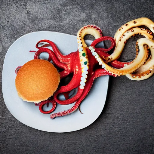 Image similar to octopus made of steel eating fastfood, 5 5 mm