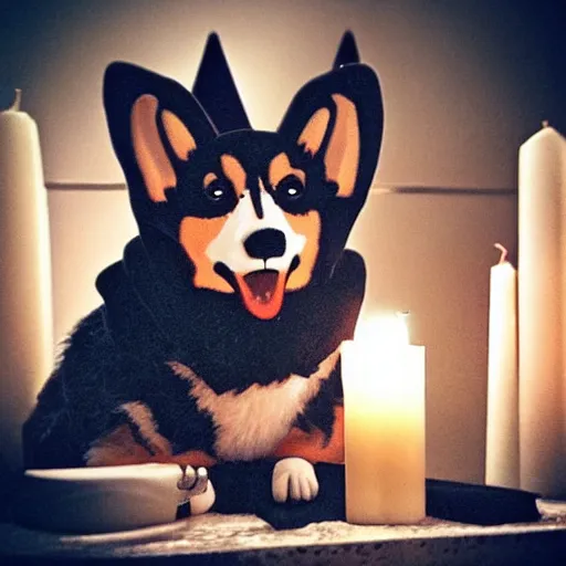 Image similar to gothic cathedral, finely detailed corgi wearing goth makeup, candles, smoke, glow