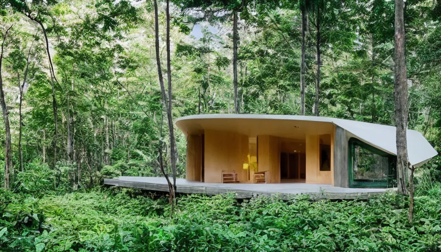 Image similar to A wide image of a full innovative contemporary 3D printed prefab sea ranch style cabin with rounded corners and angles, beveled edges, made of cement and concrete, organic architecture, in a lush green forest Designed by Gucci, Balenciaga, and Wes Anderson, golden hour