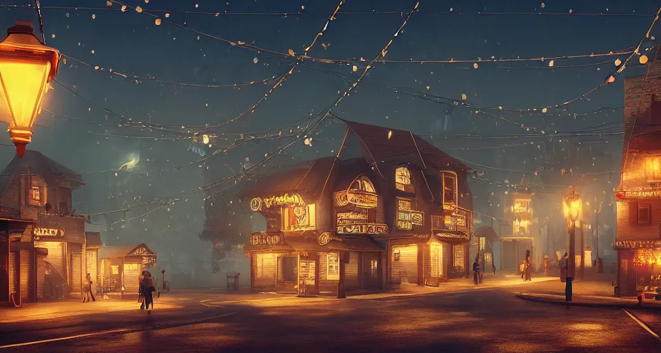 Prompt: a Village Street at night, a few streetlights, illuminated houses with fairy lights, neon signs, steam punk, highly detailed, octane render, trending on artstation