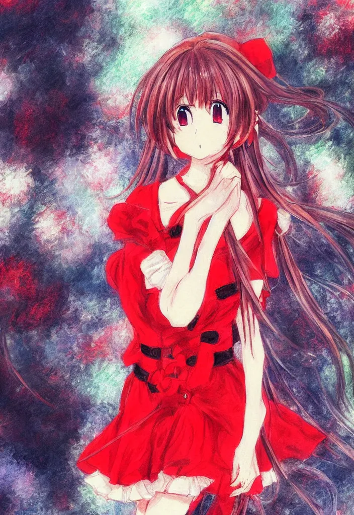 Prompt: medium shot portrait, a cute red outfit, tokyo anime scene, very anime in impressionist style, anime trending artwork, anime painter studio, by claude monet