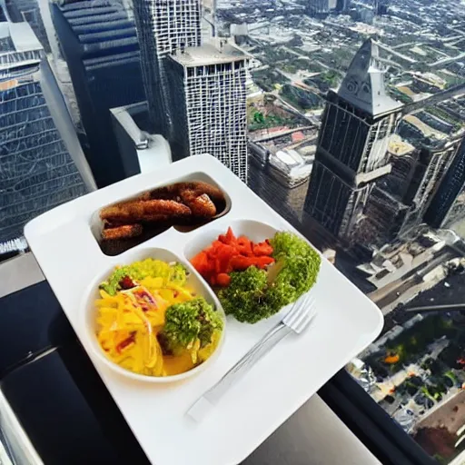 Prompt: photo of lunch atop a skyscraper