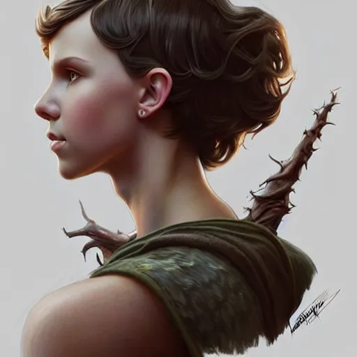 Prompt: millie bobby brown portrait of forest gog, female, clear face, masculine, upper body, muscular, fantasy, intricate, elegant, highly detailed, digital painting, artstation, concept art, matte, sharp focus, illustration, art by artgerm and greg rutkowski and alphonse mucha