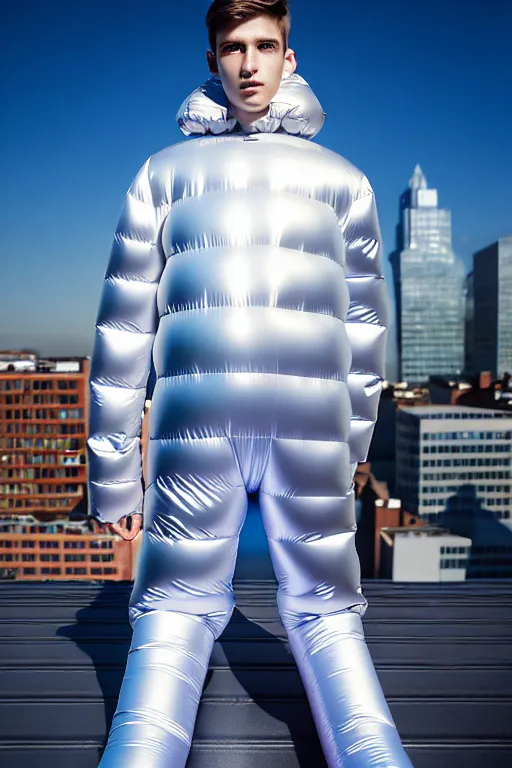 Image similar to un ultra high definition studio quality photographic art portrait of a young man standing on the rooftop of a british apartment building wearing soft baggy inflatable padded silver iridescent pearlescent clothing. three point light. extremely detailed. golden ratio, ray tracing, volumetric light, shallow depth of field. set dressed.