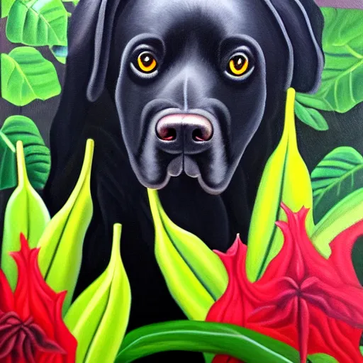 Image similar to oil painting of a vicious black dog bearing its fangs next to brugmansia suaveolens flowers, dark background, scary