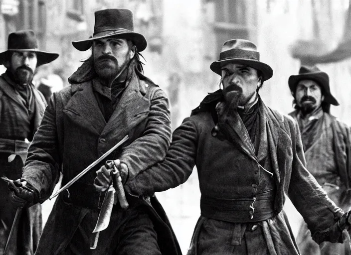 Image similar to an action scene from the movie gangs of new york, medium long shot, leonardo dicaprio and daniel day - lewis, sharp eyes, serious expressions, detailed and symmetric faces, black and white, cinematic, epic,