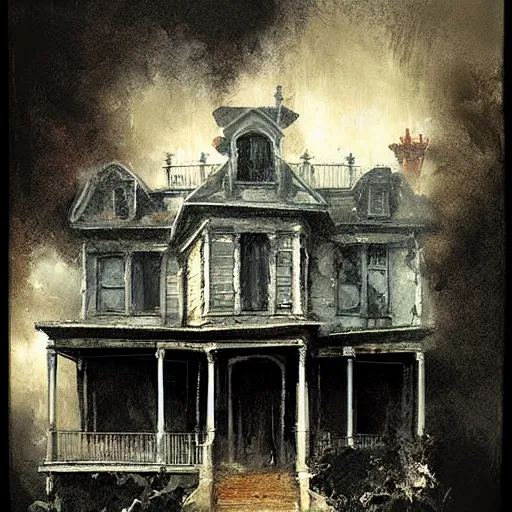 Prompt: exterior of haunted victorian house with ghosts, horror, by greg rutkowski