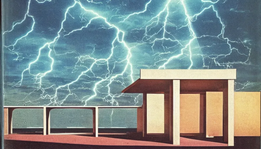 Image similar to A 1985 vintage magazine architecture photo of a, mediterranean architecture, refracted lines and sparkles, thunderstorm outside, beach on the background major arcana sky and occult symbols, hyperrealistic, award-winning, 1985