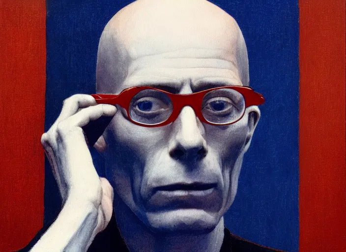 Image similar to michel foucault using iphone, muted blue and red tones, portrait face, in the style of peter ferguson, frantisek kupka, intricate, miles johnston, kuroda seiki, cynical realism, ozabu, john william godward, painterly, yoshitaka amano, moebius, miles johnston, louise zhang, james jean