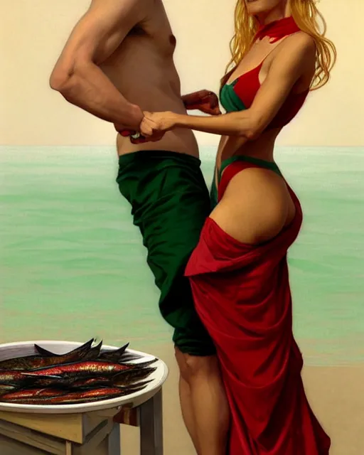 Prompt: Portrait of male model & a blonde woman wearing a green & red bikini cooking sardines in Porto,real life skin, intricate, elegant, highly detailed, artstation, concept art, smooth, sharp focus, art by artgerm and greg rutkowski and alphonse mucha