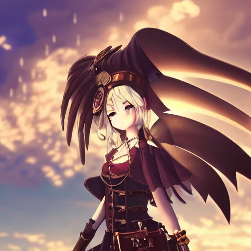 Image similar to a smug anime girl with steampunk wings and steampunk weapons, steampunk armor, extremely detailed, cinematic lighting, anime, sunny, sky, clouds,