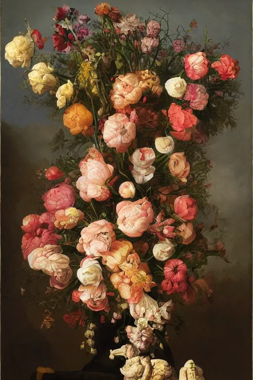 Image similar to painting of human flowers in a vase on a table, by rachel ruysch, pop surrealism, biomorphic, made of men