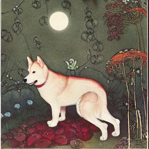 Image similar to red akita inu dog in a moonlit garden, by warwick goble and kay nielsen