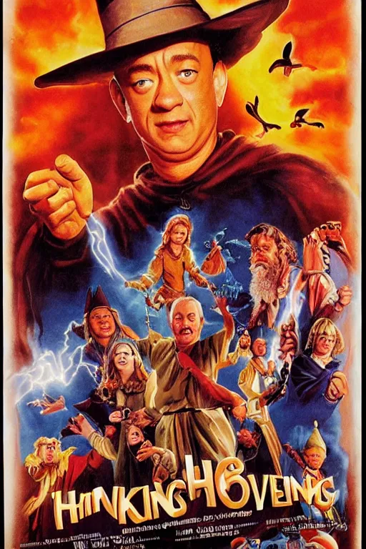 Image similar to movie poster hanksgiving, tom hanks, turkey, a wizard, lightning, 1 9 8 2, drew struzan inspiration