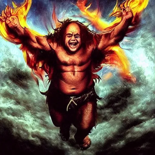 Prompt: “danny devito as god fighting danny devito as satan, dramatic”