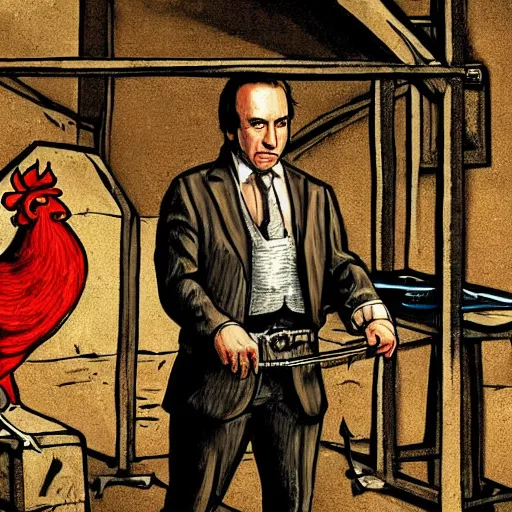 Image similar to saul goodman and a rooster in a medieval torture chamber, saw blades and knives in the background, horror movie, saul goodman, rooster, real life photo, detailed face