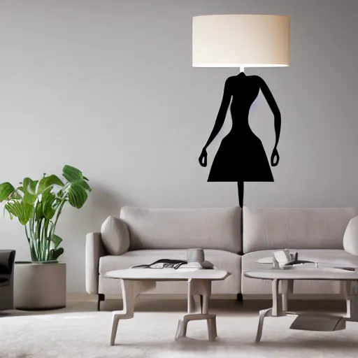 Image similar to a large lamp woman body inspired design, placed in a large living room, art designers magazine HD photo superrealism 3d 8k resolution