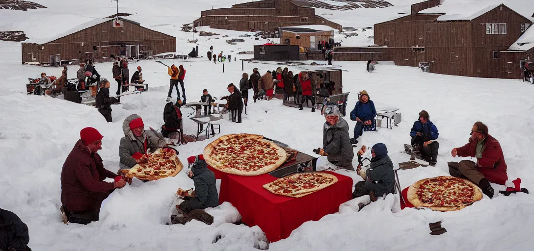 Image similar to people eating a pizza by the seed vault in Svalbard, 80s style, smiling maniacally, 8k, james gurney, greg rutkowski, john howe, artstation