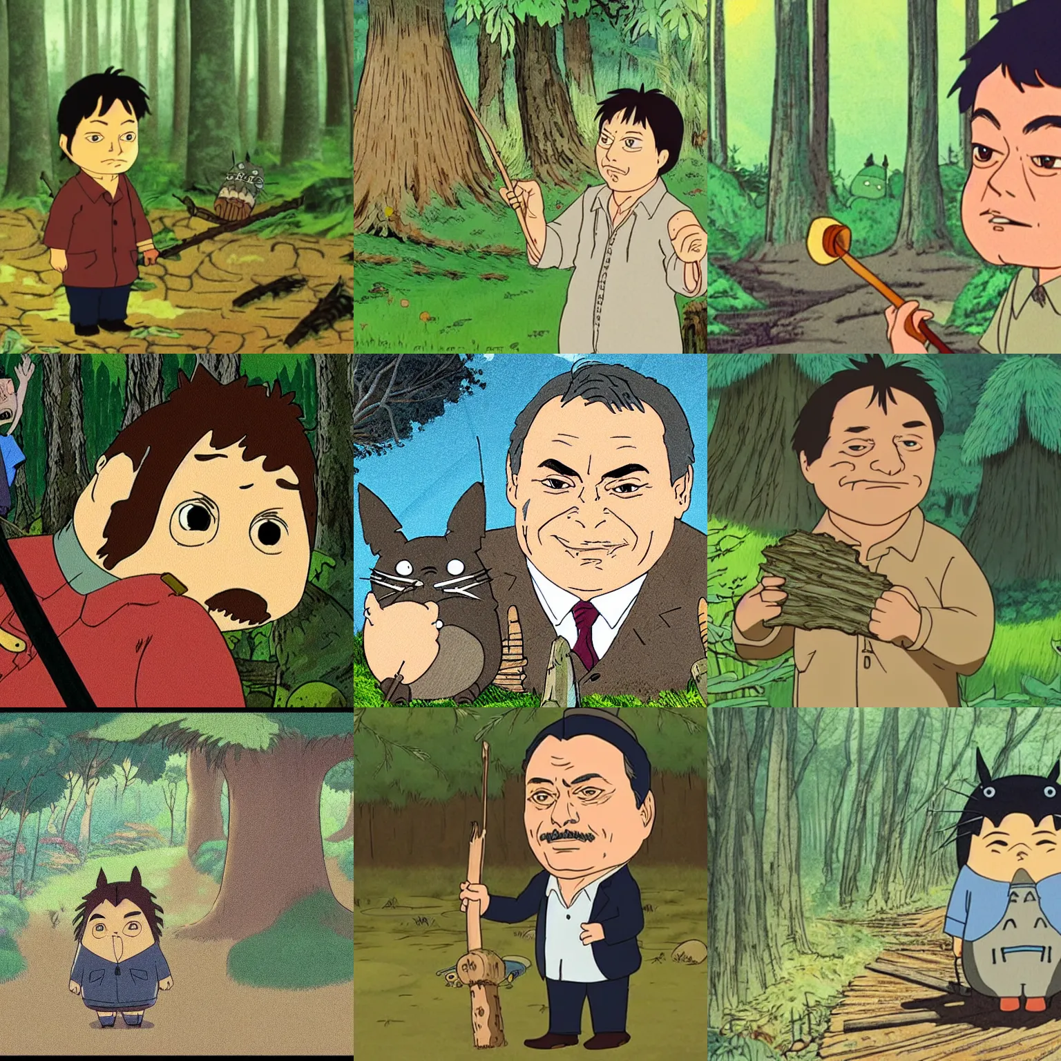 Prompt: viktor orban in a forest, highly detailed face, holding a wood piece, in the style of hayao miyazaki, studio ghibli, screenshot from totoro