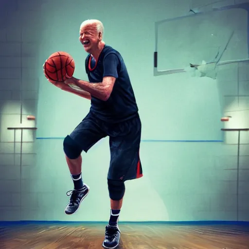 Image similar to Biden playing basketball, digital art , highly detailed , high contrast, beautiful lighting, award winning , trending on art station, photorealistic, 8k