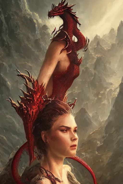 Prompt: a fancy portrait of an attractive dragon women with red dragon scales by Greg Rutkowski, Sung Choi, Mitchell Mohrhauser, Maciej Kuciara, Johnson Ting, Maxim Verehin, Peter Konig, final fantasy , mythical, 8k photorealistic, cinematic lighting, HD, high details, atmospheric,
