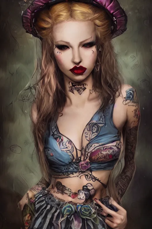 Image similar to Beautiful female, full body, Alice in wonderland, punk rock, piercings, tattoos, skirt, midriff, dramatic lighting, cinematic, establishing shot, extremely high detail, foto realistic, cinematic lighting, post processed, concept art, high details, cinematic, 8k resolution, beautiful detailed, photorealistic, digital painting, artstation, concept art, smooth, sharp focus, artstation trending, octane render, unreal engine