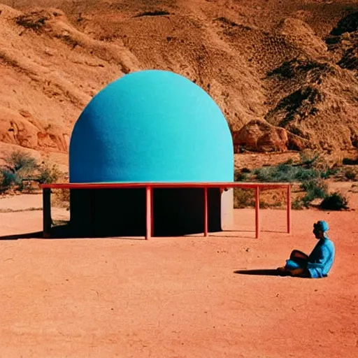 Image similar to a man in neon colored clothing standing outside a Non-Euclidean orb-like clay house sitting in the desert, vintage photo, beautiful cinematography, blue sky, film grain, James Turrell