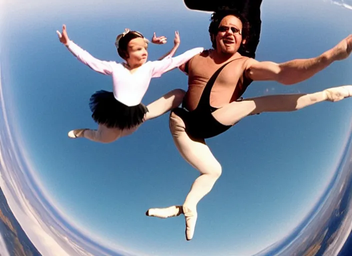 Prompt: Danny Devito dressed as a ballerina skydiving