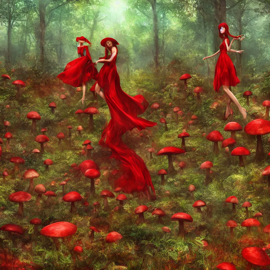 Image similar to Mushroom forest, biopunk, lush, vegetation, tall trees, godrays, falling leaves, woman, red dress, red mushrooms, digital art, 8k, trending on artstation