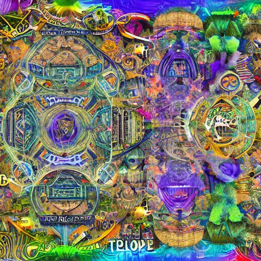 Image similar to techno earth plaza with a divine jungle of deities and peoples living together in harmony created by android jones, vector illustration
