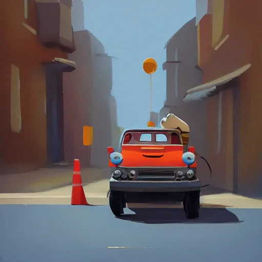 Image similar to goro fujita ilustration off - road car with luggage on a street in a town, painting by goro fujita, sharp focus, highly detailed, artstation