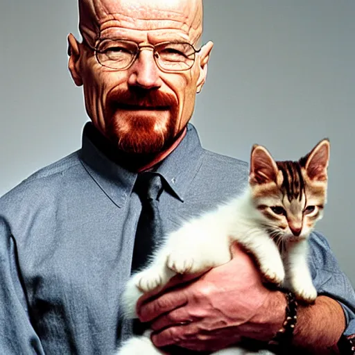 Prompt: walter white smiling holding a kitten, hd 4 photo