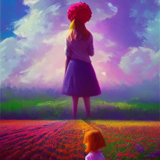 Prompt: large flower head, girl standing in a flower field, surreal photography, sunrise dramatic light, impressionist painting, colorful clouds, digital painting, artstation, simon stalenhag