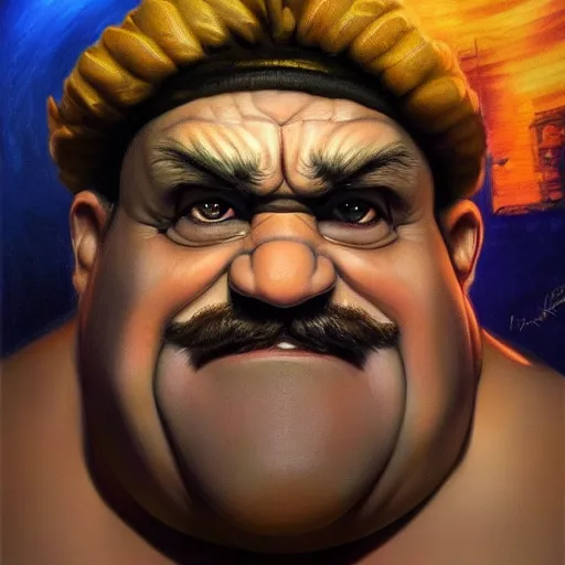 Prompt: An ultra realistic portrait painting of Wario in the style of Frank Frazetta, 4k, Ultra realistic, Highly Detailed, Dark Fantasy, Epic Lighting