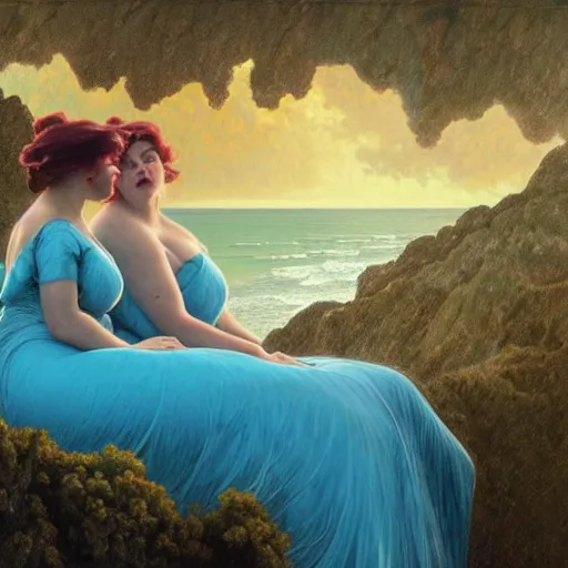 Prompt: a stunning 3 d rendered landscape of two thicc and voluptuous women in gossamer blue dresses sitting on a cliff facing away from the camera in the rain watching the sunrise over the ocean, turbulent ocean in the background, intricate, elegant, highly detailed, artstation, ultra sharp focus, octane render, volumetric lighting, art by jugendstil and alphonse mucha