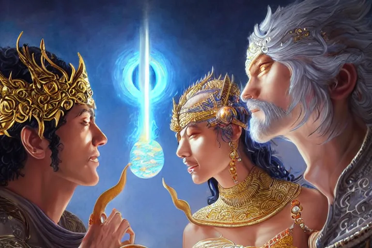 Image similar to close up moment of a divine a sun god and a moon goddess lovers magician at a wedding banquet, highly detailed, d & d, fantasy, highly detailed, digital painting, trending on artstation, concept art, sharp focus, illustration, art by artgerm and greg rutkowski and magali villeneuve