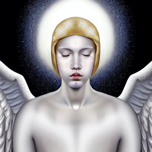 Image similar to beautiful high details hyper realistic painting of white angel in the hood coming from space with giant ball of miracle light from the chest!!!!!, 4 k hd face!!!, fashion face, no gender, giant silver holographic wings, by jan van eyck, holography space, white sparkles everywhere, thin strokes, high textures, silver background