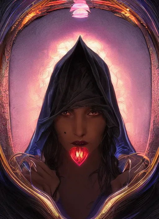 Image similar to book cover, front portrait, dark witch with black hood and evil eyes, realism, soft, smooth, luminescent, art nouveau tarot, backlit glow, colorful swirly ripples, gaudy colors, aesthetic octane render, unreal engine, 8 k, by artgerm, greg rutkowski, alphonse mucha