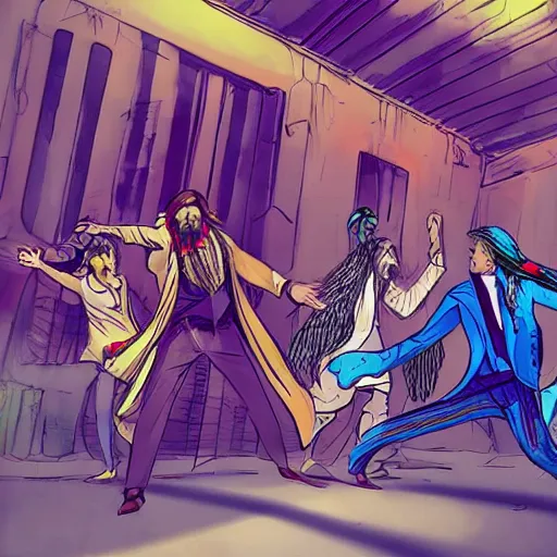 Prompt: hippie wearing robes, a fight between a boho cyberpunk hippie and a high - tech suit businessman, epic sketch art, cinematic mid shot fight, detailed