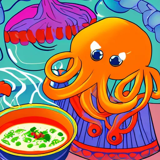 Image similar to occult anthropomorphic octopus chef cooking a delicious colorful soup, digital paintingl