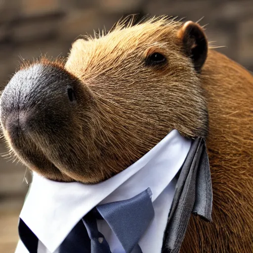 Image similar to a high detail photo of an antropomorphic capybara wearing a suit, subject= duck, subject detail: wearing a suit, photorealism